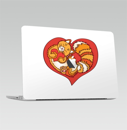 Наклейка на Ноутбук Macbook Pro 2016-2018 – Macbook Pro Touch Bar (с яблоком ) Сердечный кот,  купить в Москве – интернет-магазин Allskins, влюблённым, рыжий, красный, сердце, кошка