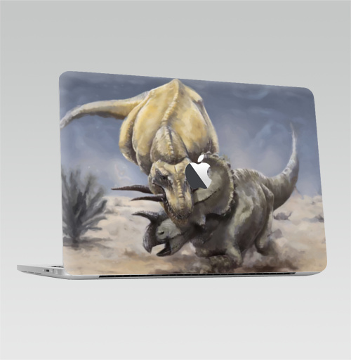 Наклейка на Ноутбук Macbook Pro 2016-2018 – Macbook Pro Touch Bar (с яблоком ) Тираннозавр-РеХ  на охоте,  купить в Москве – интернет-магазин Allskins, животные, природа, персонажи, динозавры, графика