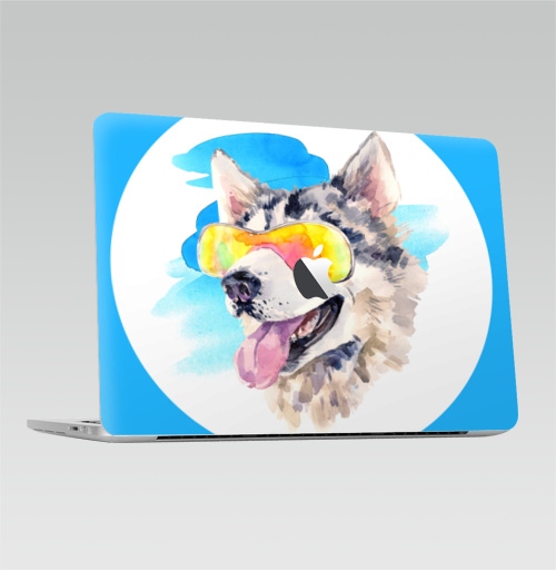 Наклейка на Ноутбук Macbook Pro 2016-2018 – Macbook Pro Touch Bar (с яблоком ) Хаски сноубордист,  купить в Москве – интернет-магазин Allskins, крутые животные, мило, животные, персонажи, собаки, хаски, акварель, детские, соба, милые животные