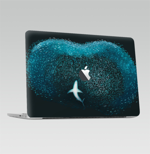 Наклейка на Ноутбук Macbook Pro 2016-2018 – Macbook Pro Touch Bar (с яблоком ) Акула с рыбками,  купить в Москве – интернет-магазин Allskins, акула, морская, рыба, животные, графика, голубой, океаны, глубина, бирюзовый