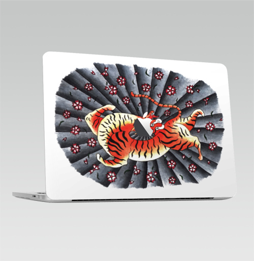 Наклейка на Ноутбук Macbook Pro 2016-2018 – Macbook Pro Touch Bar (с яблоком ) Японские тату тигр,  купить в Москве – интернет-магазин Allskins, Япония, татуировки, сакура, цветы