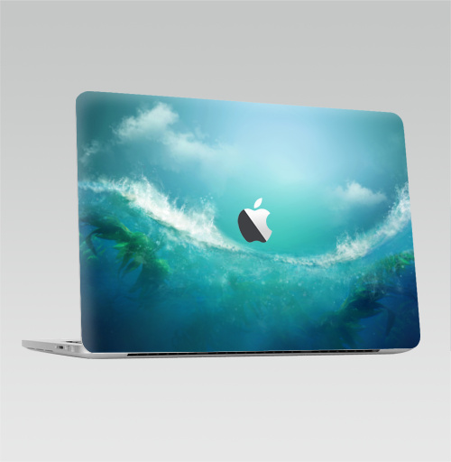 Наклейка на Ноутбук Macbook Pro 2016-2018 – Macbook Pro Touch Bar (с яблоком ) Арт волна,  купить в Москве – интернет-магазин Allskins, цветы, живопись, абстракция, ораньжевый, синий, лес, брызги, акварель