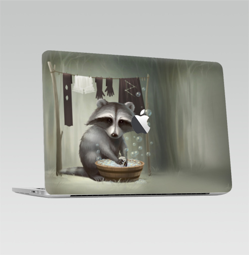 Наклейка на Ноутбук Macbook Pro 2016-2018 – Macbook Pro Touch Bar (с яблоком ) Енот полоскун,  купить в Москве – интернет-магазин Allskins, милые животные, прикол, животные, лес, пузырьки, мыльный, стирка, енот