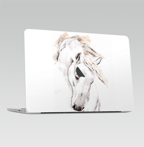 Наклейка на Ноутбук Macbook Pro 2016-2018 – Macbook Pro Touch Bar (с яблоком ) Белая лошадь,  купить в Москве – интернет-магазин Allskins, животные, акварель, лошадь, белый, грива, синий