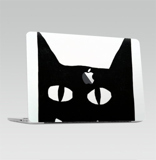 Наклейка на Ноутбук Macbook Pro 2016-2018 – Macbook Pro Touch Bar (с яблоком ) Черный кот на белом.,  купить в Москве – интернет-магазин Allskins, черно-белое, животные, черный, черныйкот, улыбка, кошка, Глазищи