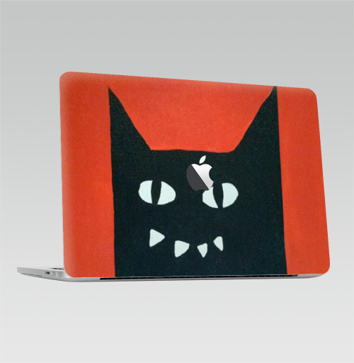 Наклейка на Ноутбук Macbook Pro 2016-2018 – Macbook Pro Touch Bar (с яблоком ) Черный кот на красном.,  купить в Москве – интернет-магазин Allskins, кошка, животные, Красночерный, черный, черныйкот, красный, Глазищи, зубастый