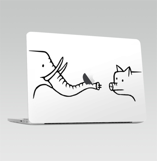 Наклейка на Ноутбук Macbook Pro 2016-2018 – Macbook Pro Touch Bar (с яблоком ) Контактный зоопарк,  купить в Москве – интернет-магазин Allskins, лаконичное, черно-белое, минимализм, свинья, слоны, улыбка, прикол, забавное, контакт, животные, сюрреализм