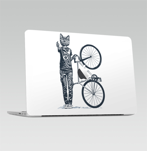 Наклейка на Ноутбук Macbook Pro 2016-2018 – Macbook Pro Touch Bar (с яблоком ) Кошка Панк Фикс Райдер,  купить в Москве – интернет-магазин Allskins, кошка, велосипед, панк, мат, нэко, мило, домашнее_животное, животные, веселый, прикол, круто, классный, лучший