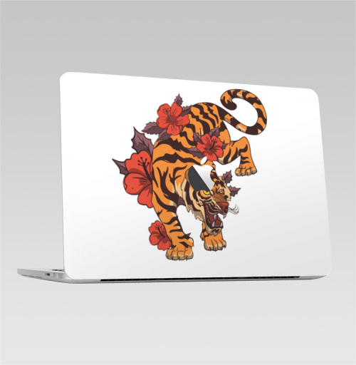 Наклейка на Ноутбук Macbook Pro 2016-2018 – Macbook Pro Touch Bar (с яблоком ) Год тигра. Тигр в цветах,  купить в Москве – интернет-магазин Allskins, стритарт, тигры, год тигра, цветы, хищник, животное