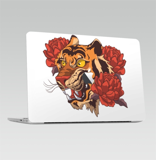 Наклейка на Ноутбук Macbook Pro 2016-2018 – Macbook Pro Touch Bar (с яблоком ) Голова тигра в пионах,  купить в Москве – интернет-магазин Allskins, стритарт, тигры, голова, пион, цветы, хищник, год тигра