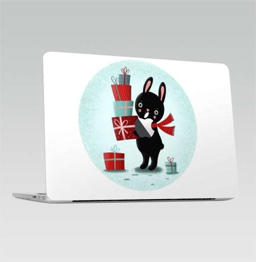 Наклейка на Ноутбук Macbook Pro 2016-2018 – Macbook Pro Touch Bar (с яблоком ) Черный кролик с подарками,  купить в Москве – интернет-магазин Allskins, кролики, заяц, читатель, новый год, символ, черный, красный, бирюзовый, символ_года, подарки