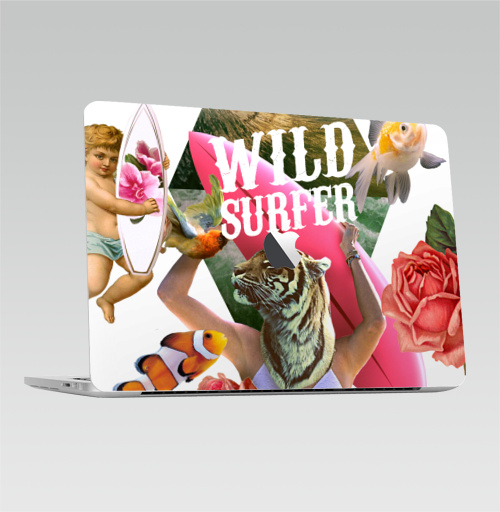 Наклейка на Ноутбук Macbook Pro 2016-2018 – Macbook Pro Touch Bar (с яблоком ) Wild surfer2,  купить в Москве – интернет-магазин Allskins, тигры, морская, волны, серфинг