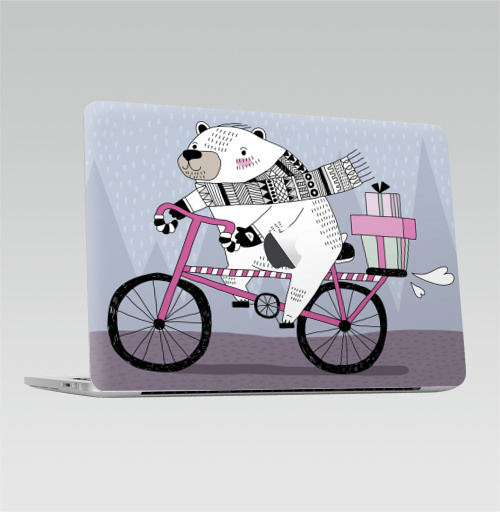 Наклейка на Ноутбук Macbook Pro 2016-2018 – Macbook Pro Touch Bar (с яблоком ) Мишка на велике,  купить в Москве – интернет-магазин Allskins, милые животные, персонажи, медведь, велосипед, животные