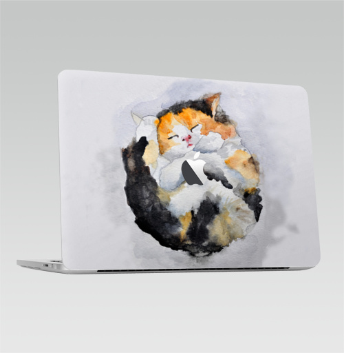 Наклейка на Ноутбук Macbook Pro 2016-2018 – Macbook Pro Touch Bar (с яблоком ) Спящий котёнок,  купить в Москве – интернет-магазин Allskins, животные, кошка, сон, акварель, няшка