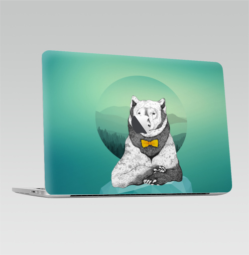 Наклейка на Ноутбук Macbook Pro 2016-2018 – Macbook Pro Touch Bar (с яблоком ) Интеллигентный мишка,  купить в Москве – интернет-магазин Allskins, зеленый, животные, медведь, синий