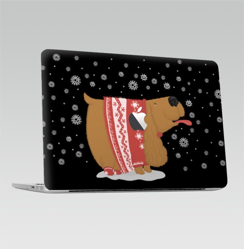 Наклейка на Ноутбук Macbook Pro 2016-2018 – Macbook Pro Touch Bar (с яблоком ) Спаниелька зимняя,  купить в Москве – интернет-магазин Allskins, спаниель, коккер-спаниель, собаки, зима, снег, пробовать снег, красный свитер, детские, новый год