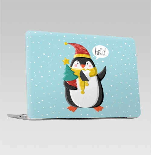 Наклейка на Ноутбук Macbook Pro 2016-2018 – Macbook Pro Touch Bar (с яблоком ) Пингвин с ёлкой,  купить в Москве – интернет-магазин Allskins, шапка, снег, новый год, пингвин, детские