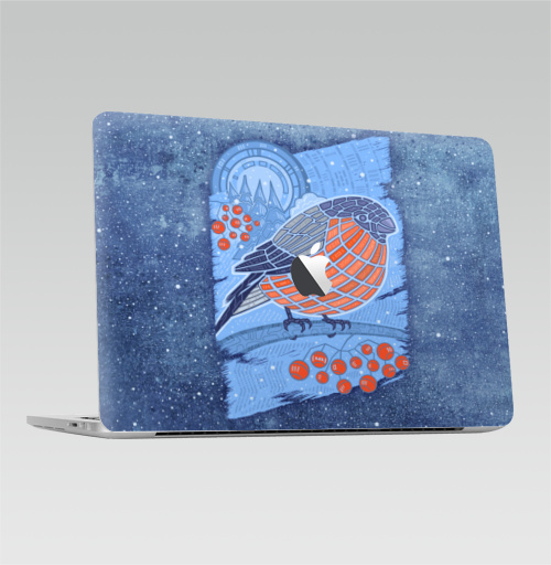 Наклейка на Ноутбук Macbook Pro 2016-2018 – Macbook Pro Touch Bar (с яблоком ) Снегирь,  купить в Москве – интернет-магазин Allskins, птицы, зима, абстракция, снегирь, новый год