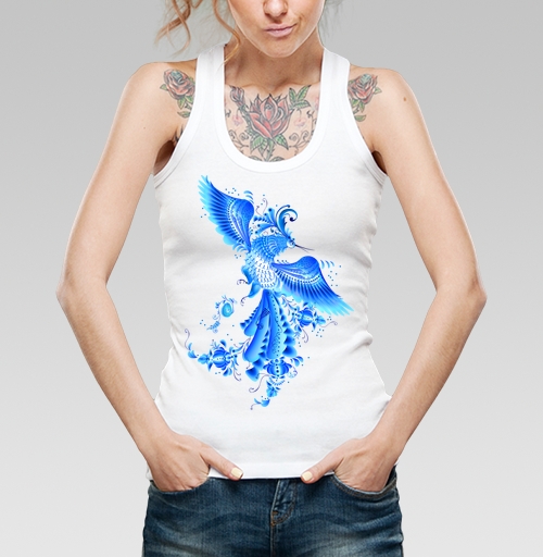 Фотография футболки Синяя птица удачи в стиле гжельской росписи