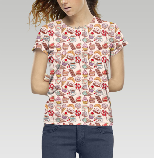 Фотография футболки Сладкое - мороженое, зефир, кофе, пончики, леденцы, шоколад. Паттерн