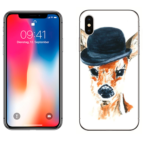 Наклейка на Телефон Apple iPhone X Олень в шляпе,  купить в Москве – интернет-магазин Allskins, крутые животные, цвет, олень, животные, акварель, милые животные