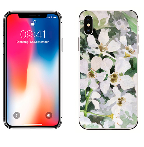 Наклейка на Телефон Apple iPhone X Весенние цветы,  купить в Москве – интернет-магазин Allskins, белый, рисунки, акварель, яблоко, цветы, зеленые, графика