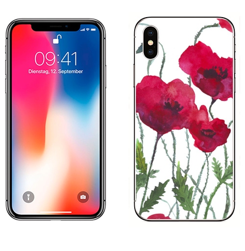 Наклейка на Телефон Apple iPhone X Маки,  купить в Москве – интернет-магазин Allskins, любовь, мак, цветокакварель, красота, красный, акварель, цветы, весна, природа