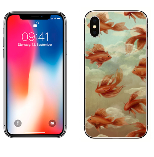 Наклейка на Телефон Apple iPhone X Красные рыбки,  купить в Москве – интернет-магазин Allskins, морская, рыба, паттерн, небо