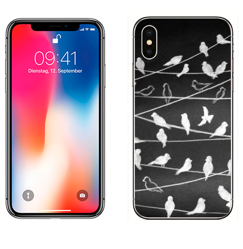 Наклейка на Телефон Apple iPhone X Птицы на проводах,  купить в Москве – интернет-магазин Allskins, птицы, графика, небо, черно-белое, монохром