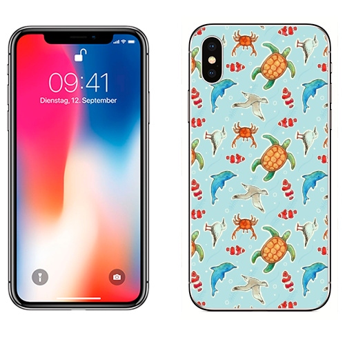 Наклейка на Телефон Apple iPhone X На Море,  купить в Москве – интернет-магазин Allskins, дельфины, акварель, черепахи, цирк, рыба, чайка, морская