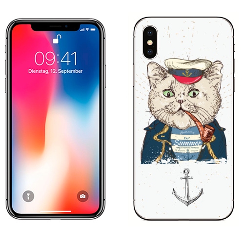 Наклейка на Телефон Apple iPhone X Пират-кот,  купить в Москве – интернет-магазин Allskins, милые животные, лето, мода, морская, пират, кошка, животные