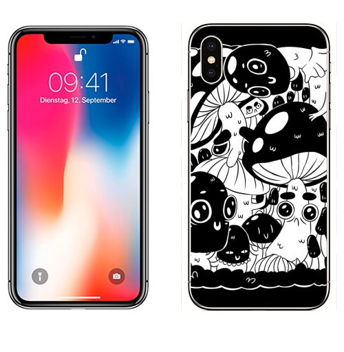 Наклейка на Телефон Apple iPhone X Глазастые грибы,  купить в Москве – интернет-магазин Allskins, черно-белое, грибы, глаз, черное и белое, мультфильмы, растение, графика, веселый, лес