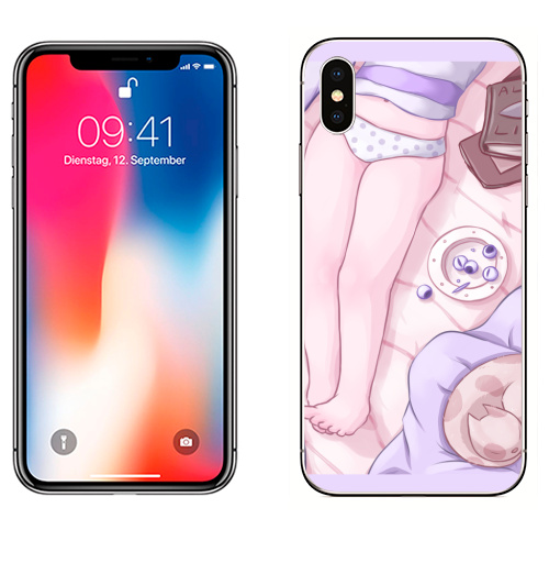 Наклейка на Телефон Apple iPhone X Девичья Нежность ,  купить в Москве – интернет-магазин Allskins, лето, ночь, девушка, розовый, нежно, постель, анатомия