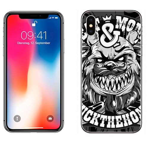Наклейка на Телефон Apple iPhone X Мит энд мани,  купить в Москве – интернет-магазин Allskins, черно-белое, медведь, хэллоуин, черное и белое, хипстер, брутальность, топор, мода