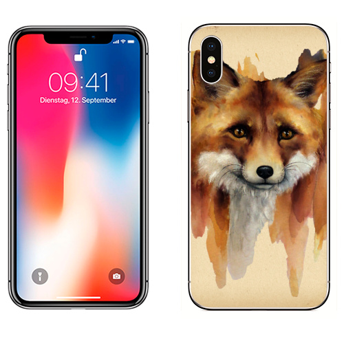 Наклейка на Телефон Apple iPhone X Рыжая лиса,  купить в Москве – интернет-магазин Allskins, крутые животные, лиса, животные, рыжая, акварель