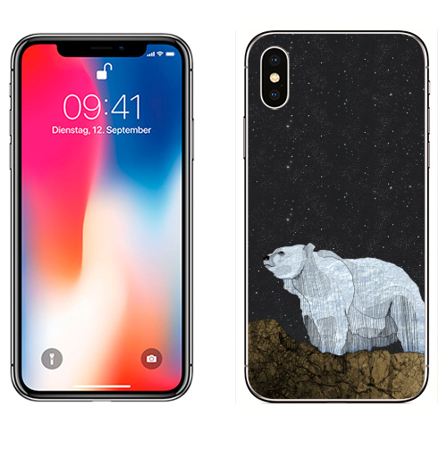 Наклейка на Телефон Apple iPhone X Мишка,  купить в Москве – интернет-магазин Allskins, крутые животные, луна, камни, горы, ночь, медведь