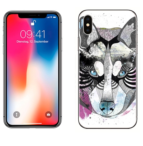 Наклейка на Телефон Apple iPhone X Акварельный волк,  купить в Москве – интернет-магазин Allskins, волк, животные, графика, акварель, коллаж