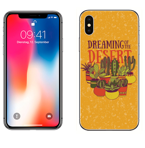 Наклейка на Телефон Apple iPhone X Мечтая о пустыне,  купить в Москве – интернет-магазин Allskins, цветы, суккулент, пустыня, лето, растение, оранжевый, желтый, песок, колючка