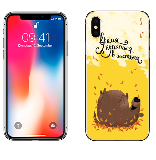 Наклейка на Телефон Apple iPhone X Осень пришла,  купить в Москве – интернет-магазин Allskins, осень, собаки, листья, оранжевый, желтый, купаться