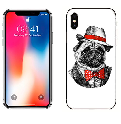 Наклейка на Телефон Apple iPhone X Мопс босс,  купить в Москве – интернет-магазин Allskins, крутые животные, шляпа, графика, Мопс, животные, собаки