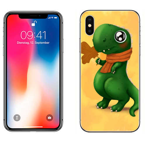 Наклейка на Телефон Apple iPhone X Милый Дино,  купить в Москве – интернет-магазин Allskins, оранжевый, шарф, листья, осень, зеленый, динозавры, иллюстрации