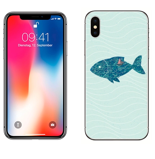 Наклейка на Телефон Apple iPhone X • Рыба • ,  купить в Москве – интернет-магазин Allskins, рыба, морская, гра, графика, иллюстация, корабль, цветы, цвет