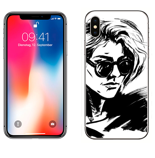 Наклейка на Телефон Apple iPhone X Блэк-н-уайт лэйди,  купить в Москве – интернет-магазин Allskins, черный, белый, девушка, волосы, очки