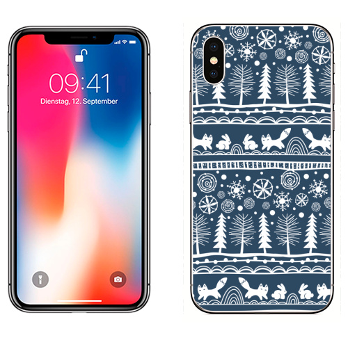 Наклейка на Телефон Apple iPhone X Зимний лес,  купить в Москве – интернет-магазин Allskins, зима, лиса, лес, деревья, заяц, забавный, паттерн, снег