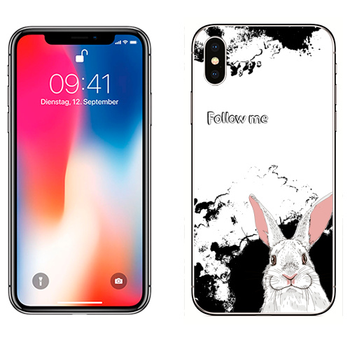 Наклейка на Телефон Apple iPhone X Следуй за белым кроликом,  купить в Москве – интернет-магазин Allskins, надписи на английском, заяц, белый, графика, надписи, черный, черно-белое, кролики, животные, зима
