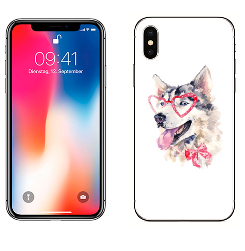 Наклейка на Телефон Apple iPhone X Модная собака,  купить в Москве – интернет-магазин Allskins, крутые животные, милые животные, мило, хаски, розовый, очки, акварель, собаки, детские