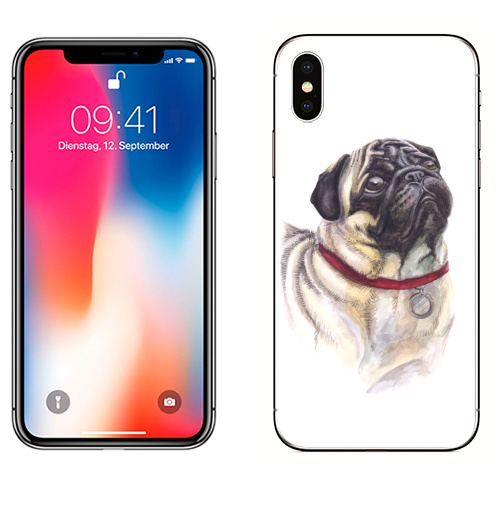Наклейка на Телефон Apple iPhone X Мопс смотрит,  купить в Москве – интернет-магазин Allskins, собаки, грустный, смотрит, глаз, Мопс