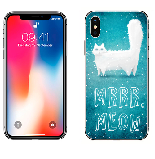 Наклейка на Телефон Apple iPhone X Снежный кот,  купить в Москве – интернет-магазин Allskins, крутые животные, снег, мило, кошка, мяу, пушистое, создание, смотрит, зима