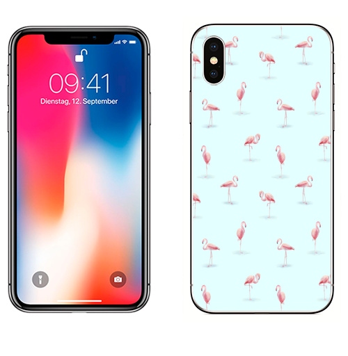 Наклейка на Телефон Apple iPhone X Розовые фламинго,  купить в Москве – интернет-магазин Allskins, фламинго, розовый, голубой, птицы, узор, паттерн, акварель