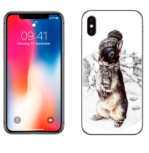 Наклейка на Телефон Apple iPhone X Зимний кроля,  купить в Москве – интернет-магазин Allskins, кролики, заяц, зима, животные, лес, снег